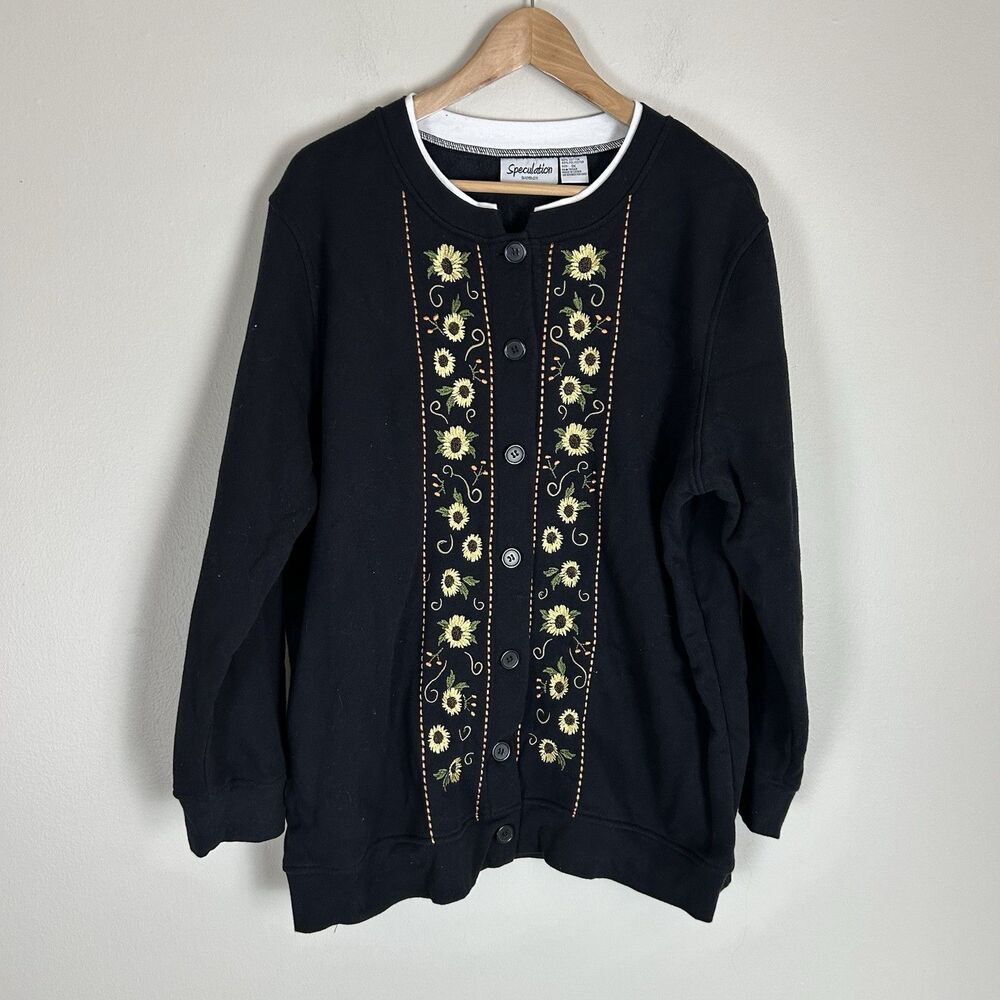 Vintage 90s Womens 1X Sweater Embroidered Sweatshirt Floral Cardigan Sunflower